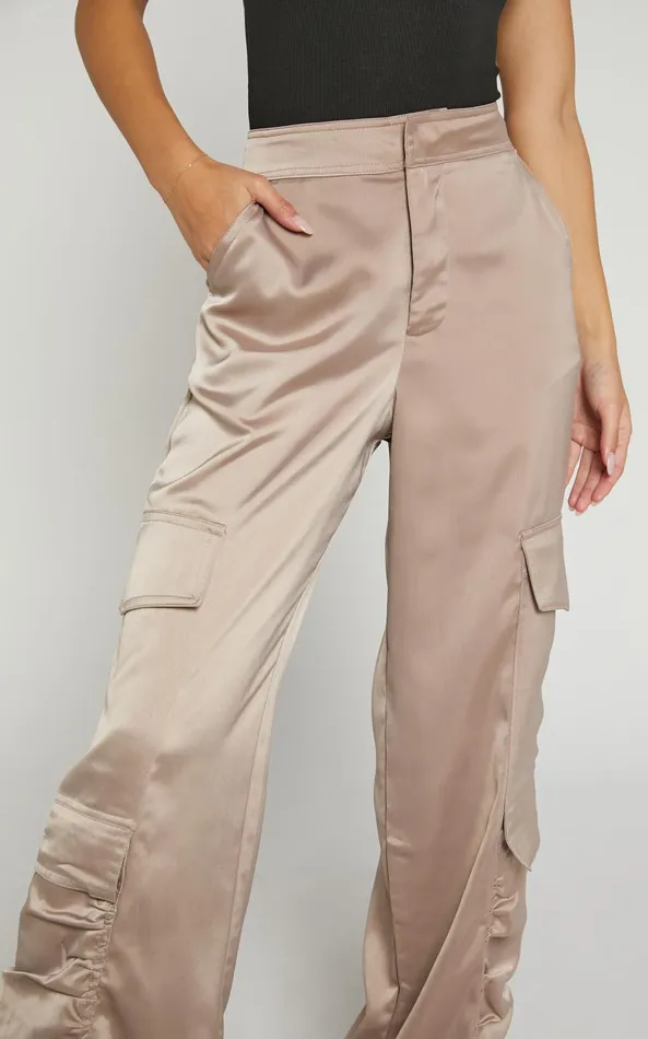 Showpo Saori Pants 8211 Mid Rise Satin Cargo Pants In Mushroom Women Curve Clothes
