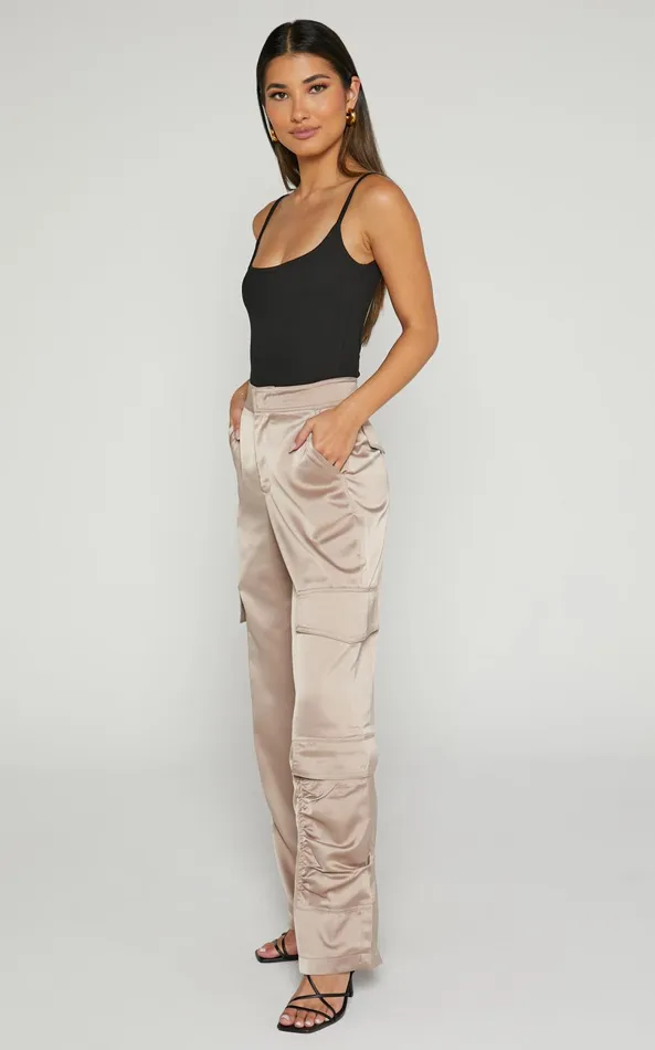Showpo Saori Pants 8211 Mid Rise Satin Cargo Pants In Mushroom Women Curve Clothes