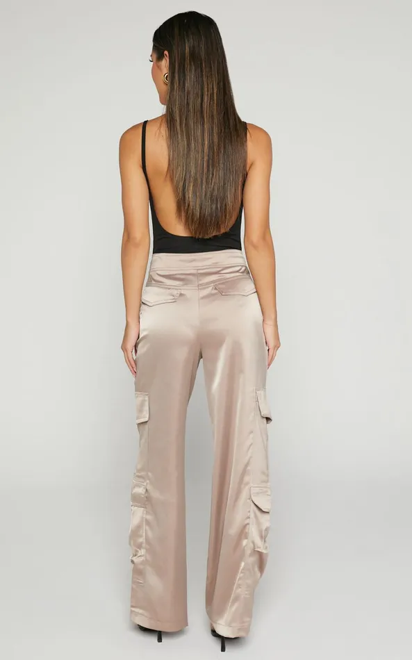 Showpo Saori Pants 8211 Mid Rise Satin Cargo Pants In Mushroom Women Curve Clothes