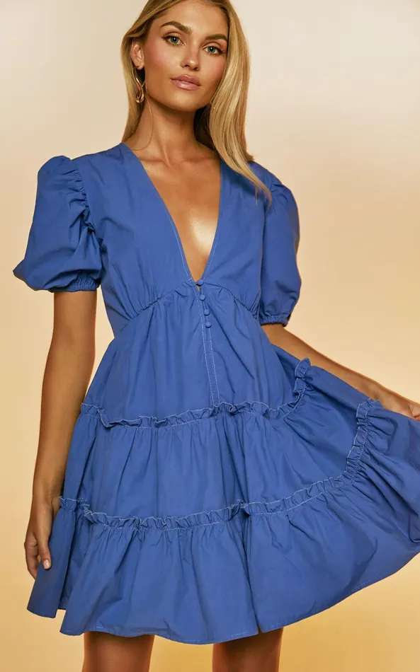 Showpo Sarah Mini Dress 8211 Short Puff Sleeve V Neck A Line Dress In Blue Women Dresses Showpo Sarah Mini Dress 8211 Short Puff Sleeve V Neck A Line Dress In Blue Women Dresses
