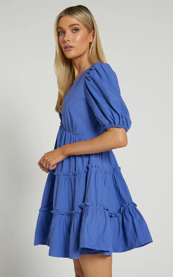 Showpo Sarah Mini Dress 8211 Short Puff Sleeve V Neck A Line Dress In Blue Women Dresses