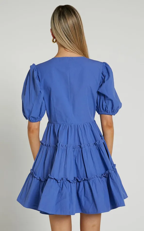 Showpo Sarah Mini Dress 8211 Short Puff Sleeve V Neck A Line Dress In Blue Women Dresses