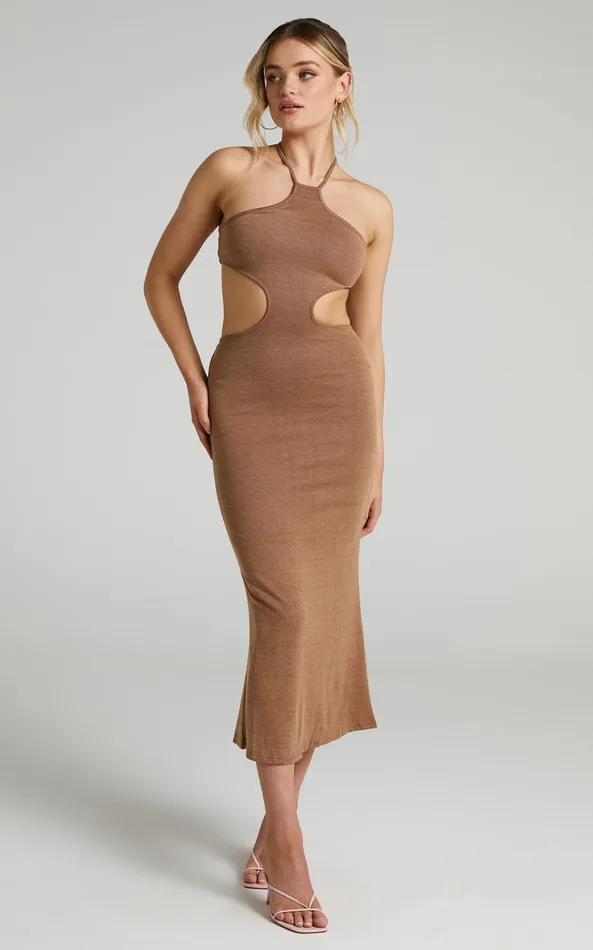 Showpo Saskia Halter Neck Side Cut Out Midi Dress In Chocolate Women Dresses