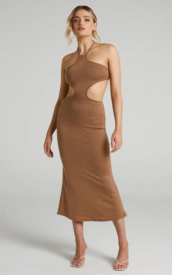 Showpo Saskia Halter Neck Side Cut Out Midi Dress In Chocolate Women Dresses
