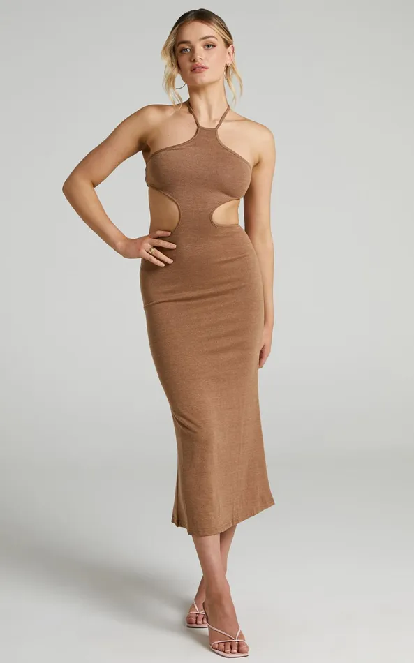 Showpo Saskia Halter Neck Side Cut Out Midi Dress In Chocolate Women Dresses