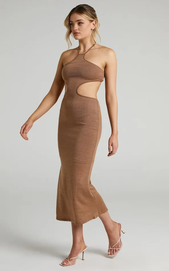Showpo Saskia Halter Neck Side Cut Out Midi Dress In Chocolate Women Dresses