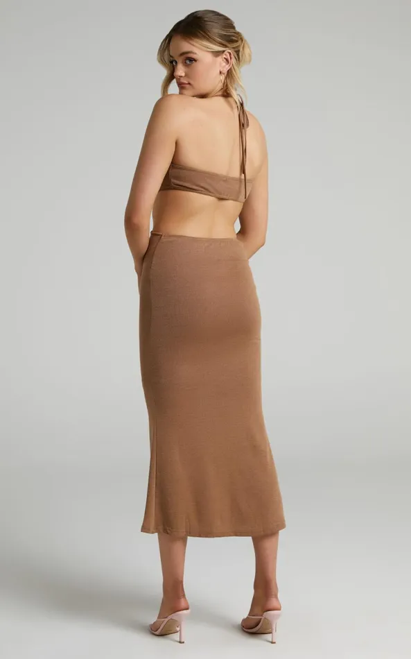 Showpo Saskia Halter Neck Side Cut Out Midi Dress In Chocolate Women Dresses