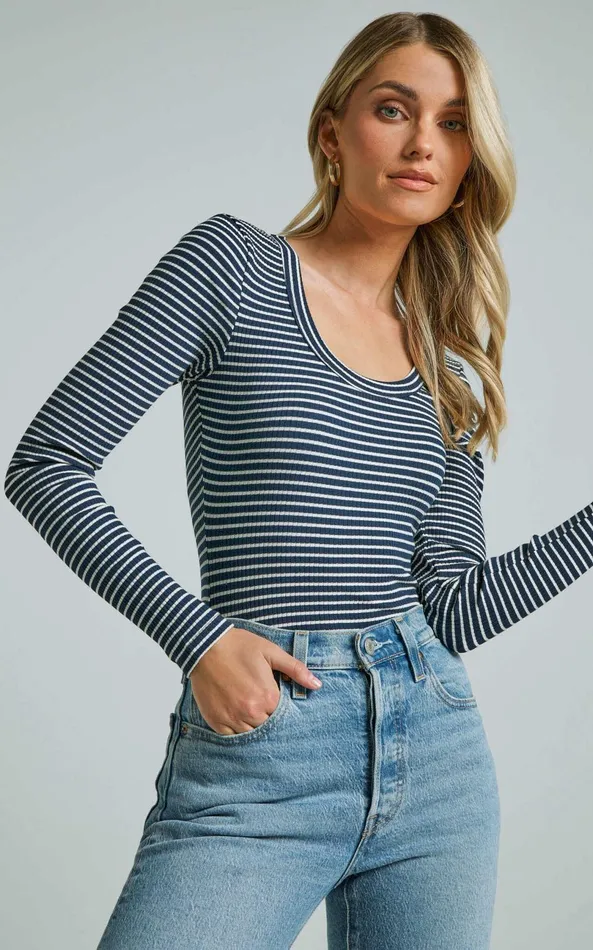 Showpo Savanna Bodysuit 8211 Long Sleeve Stripe Scoop Neck Bodysuit In Navy and White Stripe Women Basics Showpo Savanna Bodysuit 8211 Long Sleeve Stripe Scoop Neck Bodysuit In Navy and White Stripe Women Basics