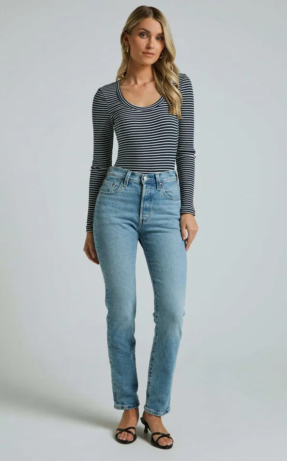 Showpo Savanna Bodysuit 8211 Long Sleeve Stripe Scoop Neck Bodysuit In Navy and White Stripe Women Basics