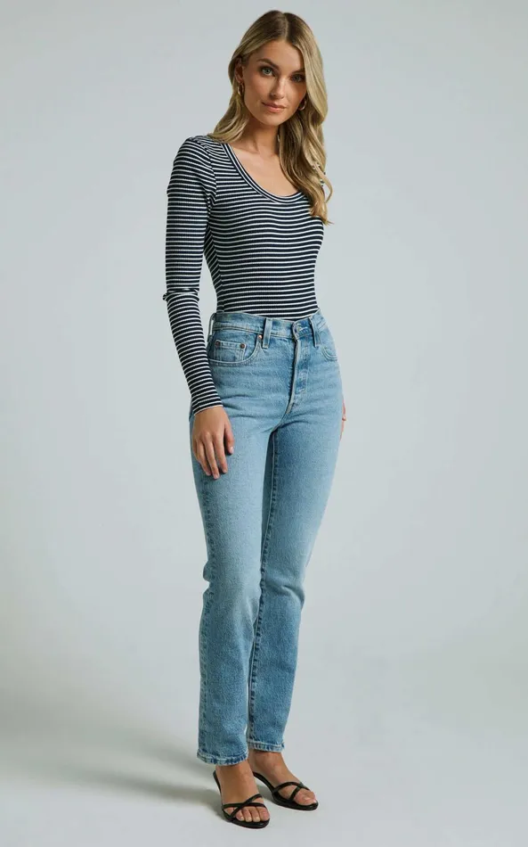 Showpo Savanna Bodysuit 8211 Long Sleeve Stripe Scoop Neck Bodysuit In Navy and White Stripe Women Basics