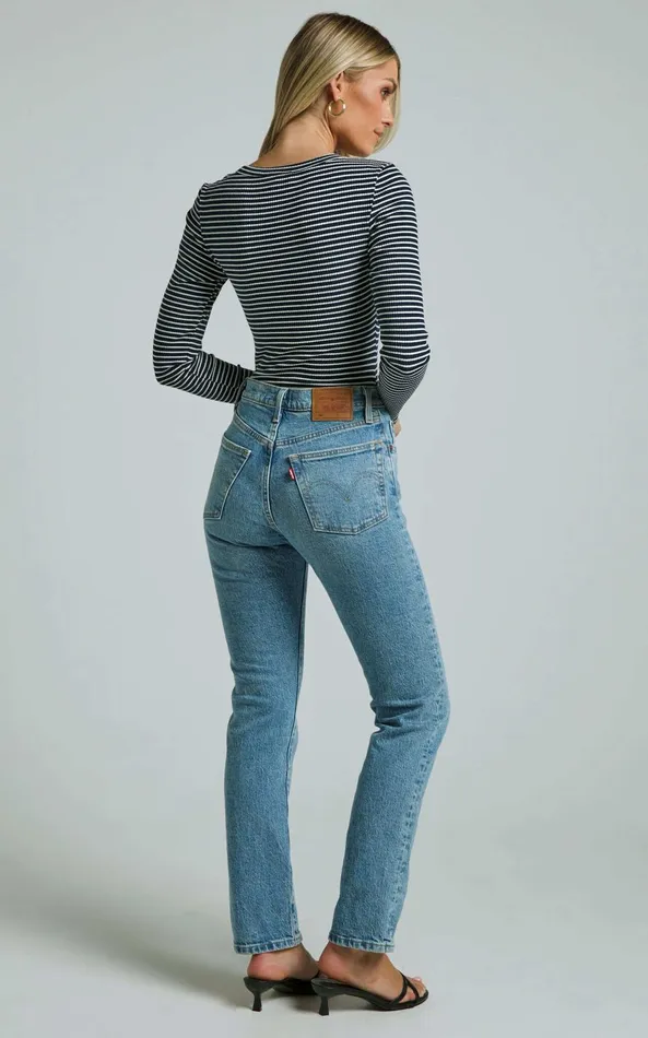 Showpo Savanna Bodysuit 8211 Long Sleeve Stripe Scoop Neck Bodysuit In Navy and White Stripe Women Basics