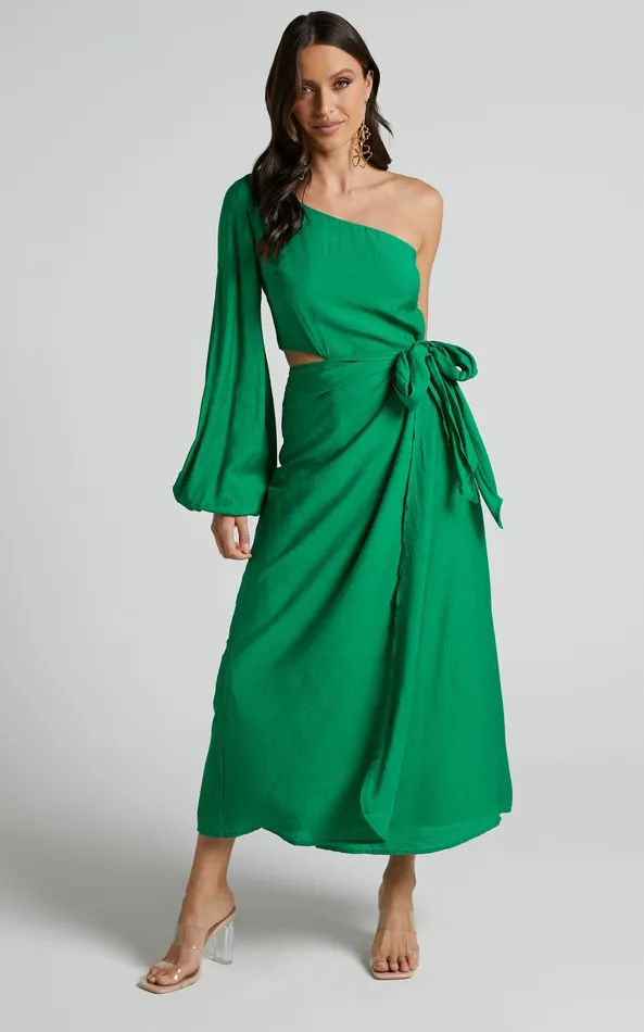 Showpo Savannah Midi Dress 8211 One Shoulder Long Sleeve Cut Out Wrap Skirt In Green Women Curve Clothes