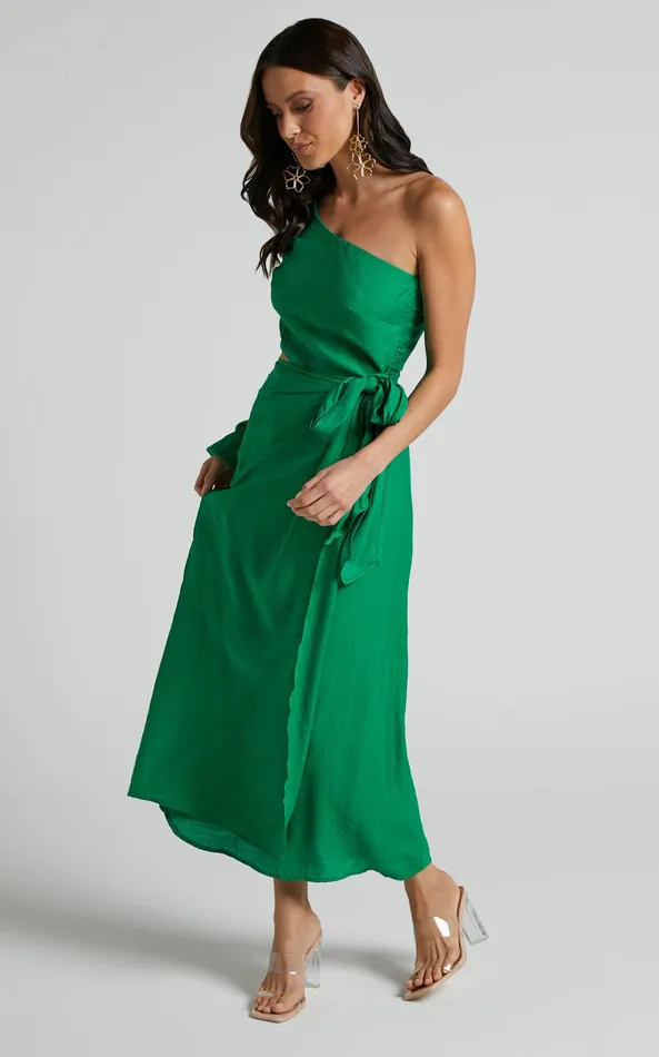 Showpo Savannah Midi Dress 8211 One Shoulder Long Sleeve Cut Out Wrap Skirt In Green Women Curve Clothes