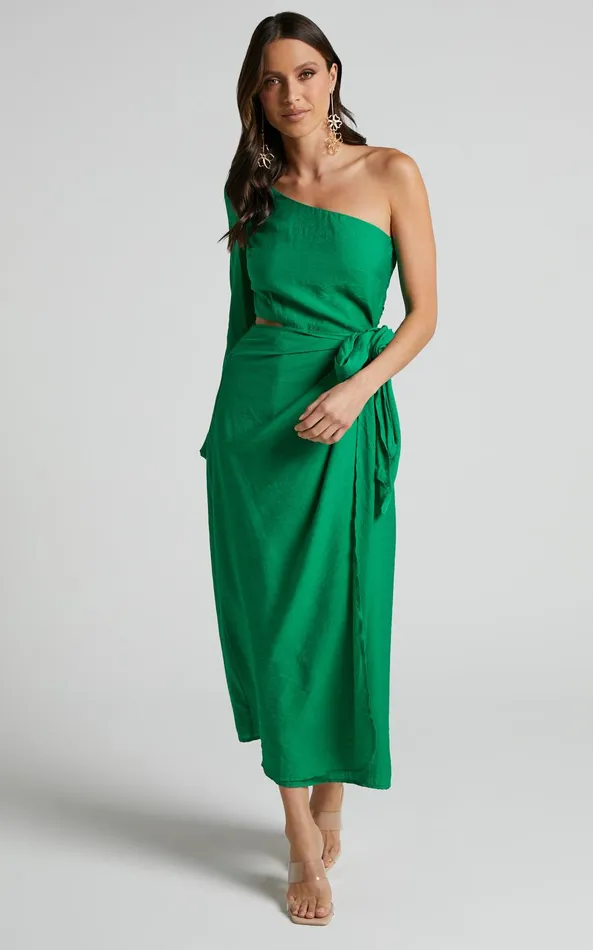 Showpo Savannah Midi Dress 8211 One Shoulder Long Sleeve Cut Out Wrap Skirt In Green Women Curve Clothes