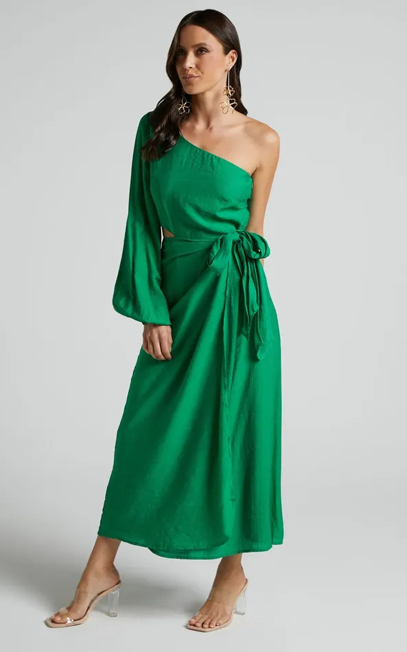Showpo Savannah Midi Dress 8211 One Shoulder Long Sleeve Cut Out Wrap Skirt In Green Women Curve Clothes