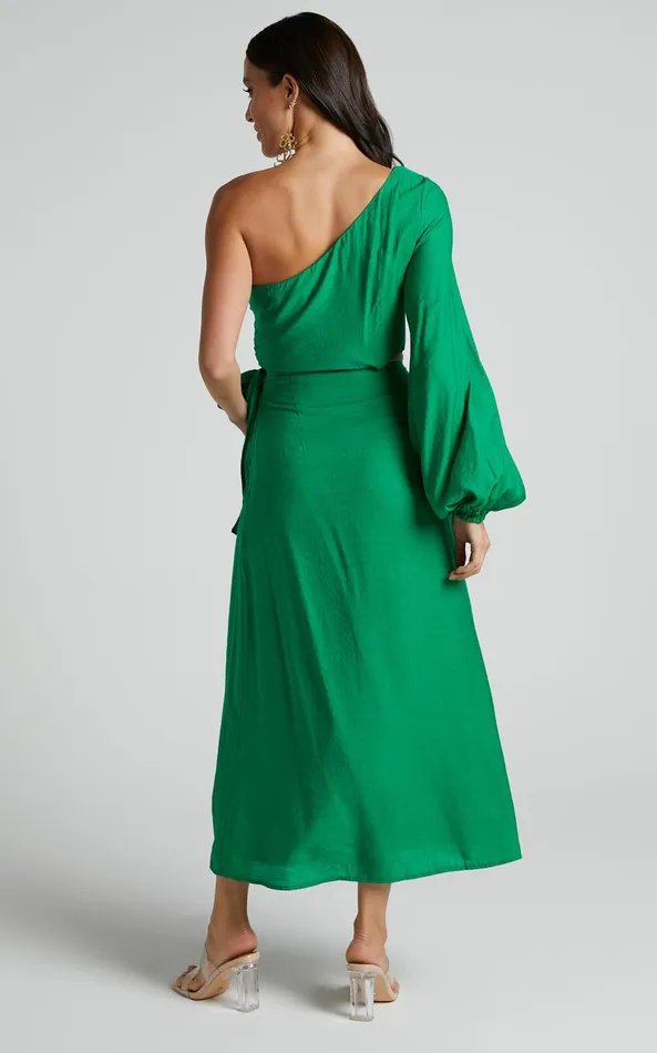 Showpo Savannah Midi Dress 8211 One Shoulder Long Sleeve Cut Out Wrap Skirt In Green Women Curve Clothes