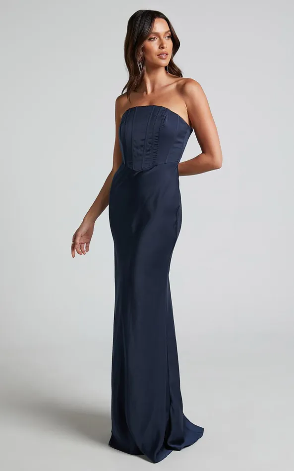 Showpo Scarlett Maxi Dress 8211 Strapless Corset Satin Dress In Navy Women Dresses