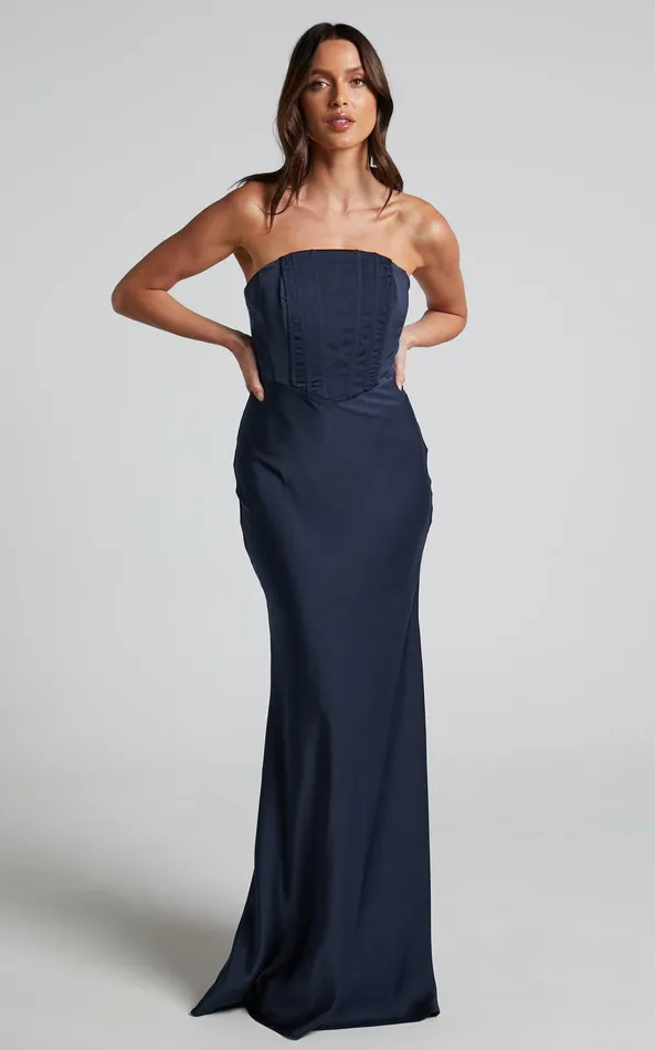 Showpo Scarlett Maxi Dress 8211 Strapless Corset Satin Dress In Navy Women Dresses