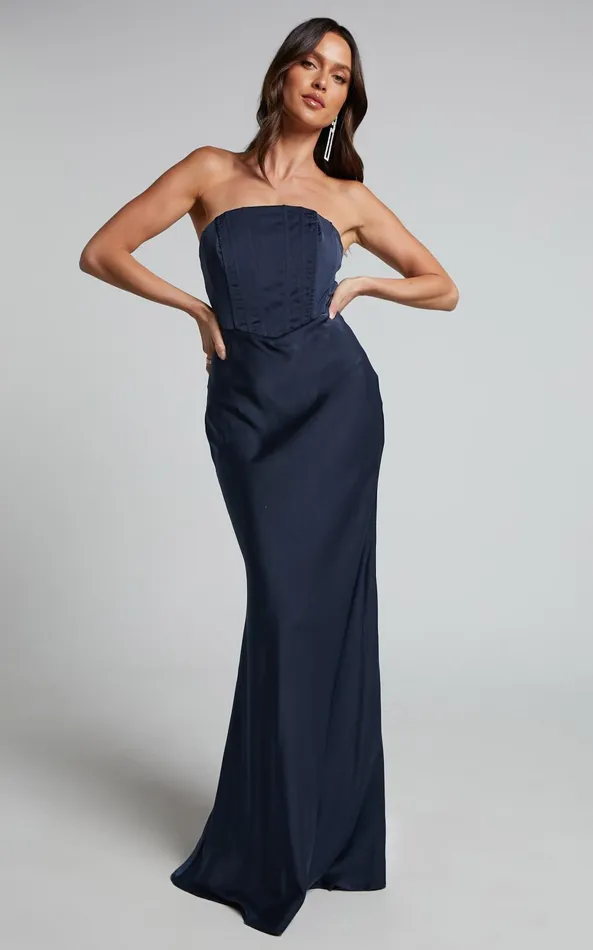 Showpo Scarlett Maxi Dress 8211 Strapless Corset Satin Dress In Navy Women Dresses