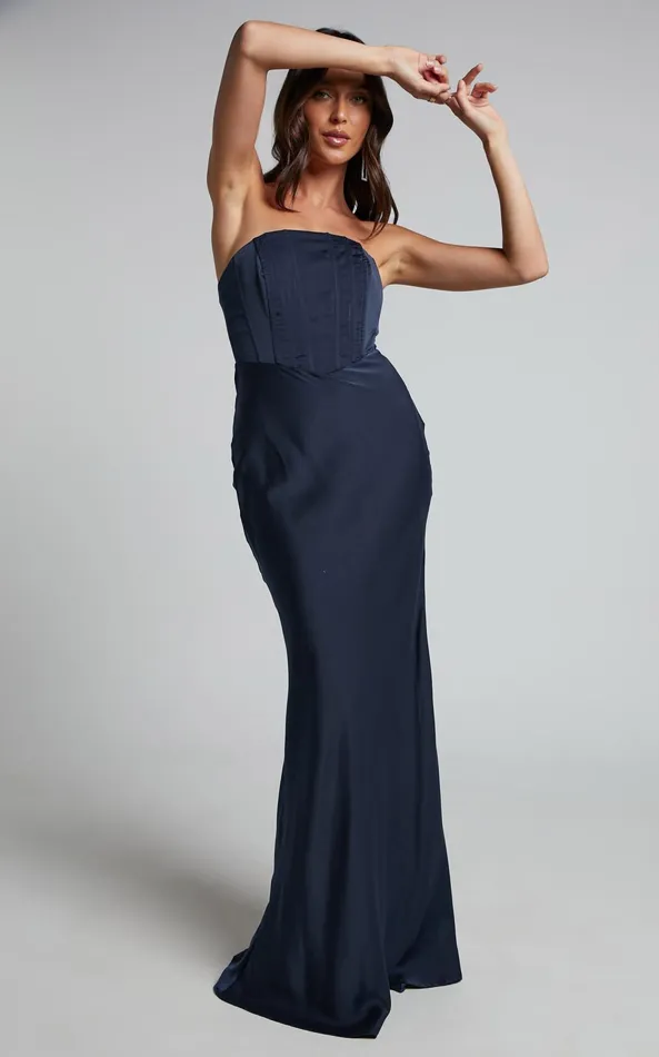 Showpo Scarlett Maxi Dress 8211 Strapless Corset Satin Dress In Navy Women Dresses