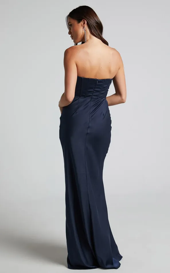 Showpo Scarlett Maxi Dress 8211 Strapless Corset Satin Dress In Navy Women Dresses