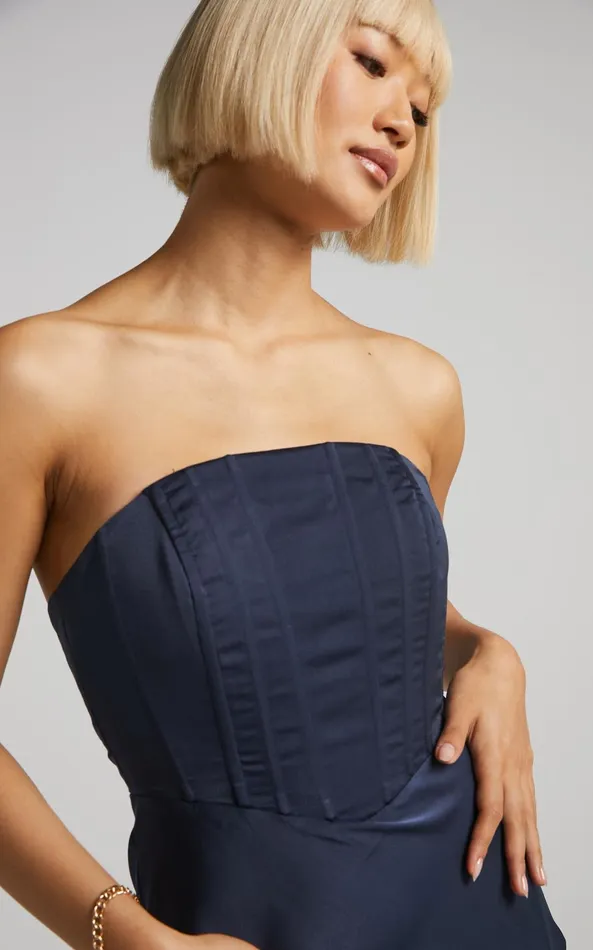 Showpo Scarlett Maxi Dress 8211 Strapless Corset Satin Dress In Navy Women Dresses