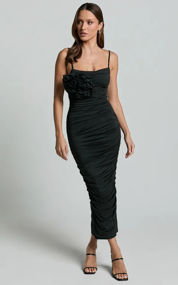 Showpo Scarlett Midi Dress 8211 3D Floral Corsage Ruched Bodycon Dress In Black Women Dresses Showpo Scarlett Midi Dress 8211 3D Floral Corsage Ruched Bodycon Dress In Black Women Dresses