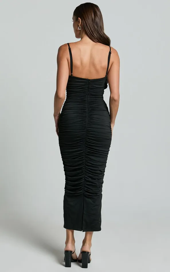Showpo Scarlett Midi Dress 8211 3D Floral Corsage Ruched Bodycon Dress In Black Women Dresses