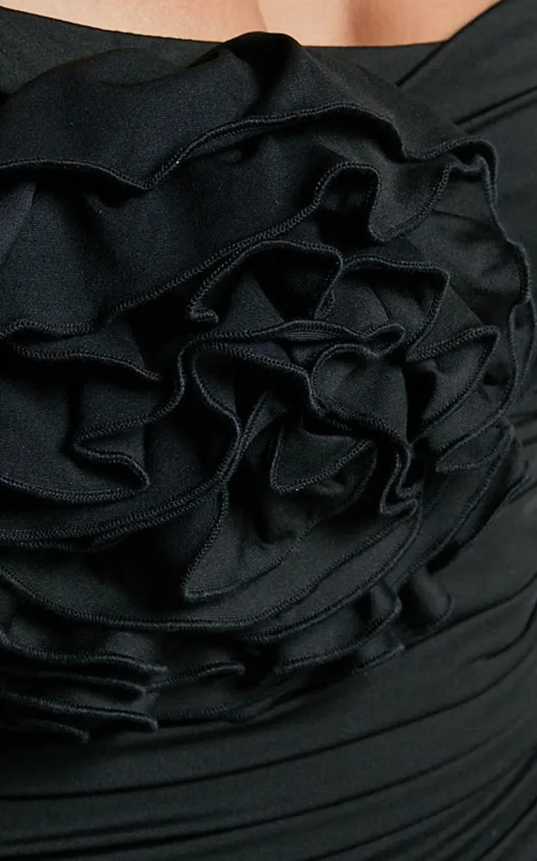 Showpo Scarlett Midi Dress 8211 3D Floral Corsage Ruched Bodycon Dress In Black Women Dresses