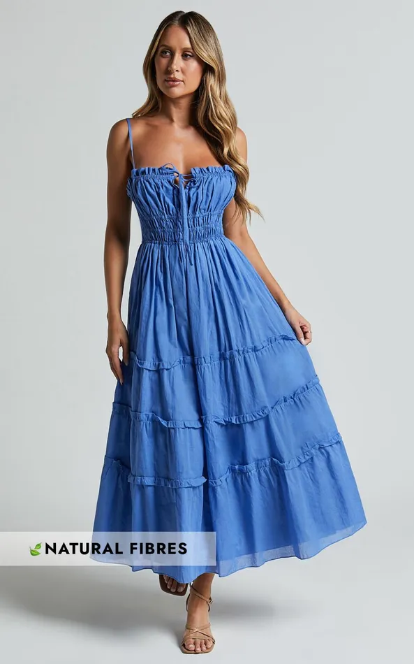 Showpo Schiffer Midi Dress 8211 Strappy Ruched Tie Front Tiered Dress In Blue Women Dresses Showpo Schiffer Midi Dress 8211 Strappy Ruched Tie Front Tiered Dress In Blue Women Dresses