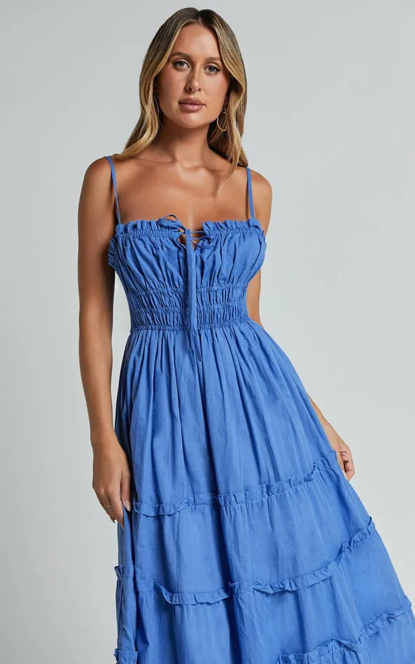 Showpo Schiffer Midi Dress 8211 Strappy Ruched Tie Front Tiered Dress In Blue Women Dresses