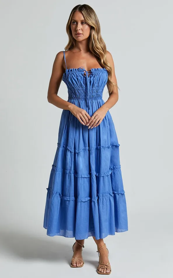 Showpo Schiffer Midi Dress 8211 Strappy Ruched Tie Front Tiered Dress In Blue Women Dresses