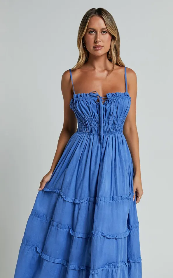Showpo Schiffer Midi Dress 8211 Strappy Ruched Tie Front Tiered Dress In Blue Women Dresses