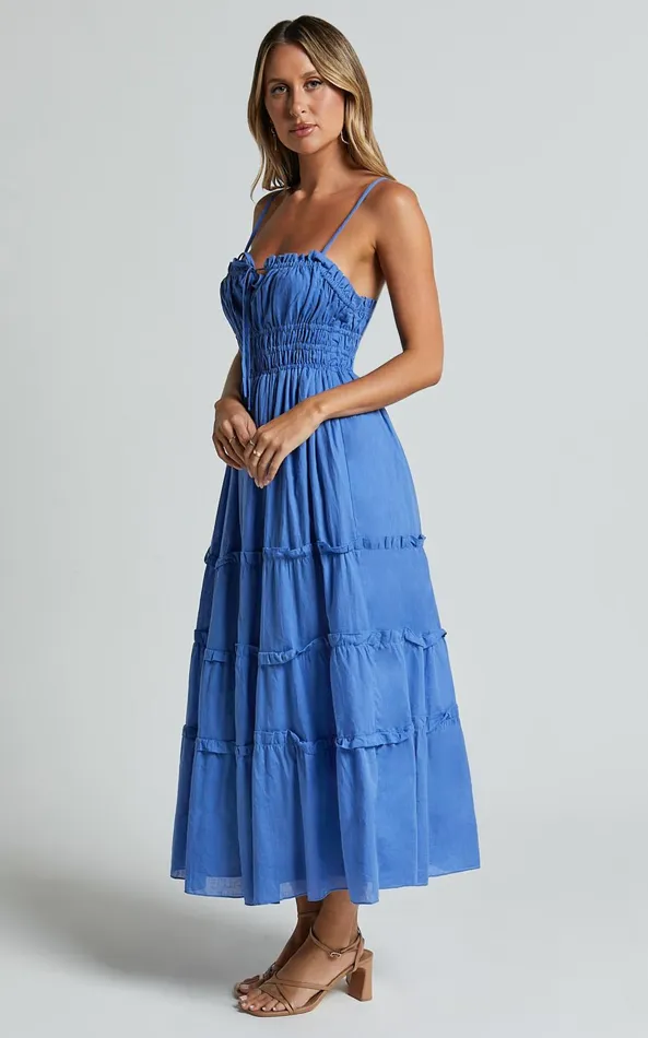 Showpo Schiffer Midi Dress 8211 Strappy Ruched Tie Front Tiered Dress In Blue Women Dresses