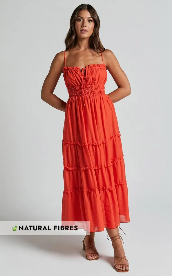 Showpo Schiffer Midi Dress 8211 Strappy Ruched Tie Front Tiered Dress In Red Orange Women Dresses Showpo Schiffer Midi Dress 8211 Strappy Ruched Tie Front Tiered Dress In Red Orange Women Dresses