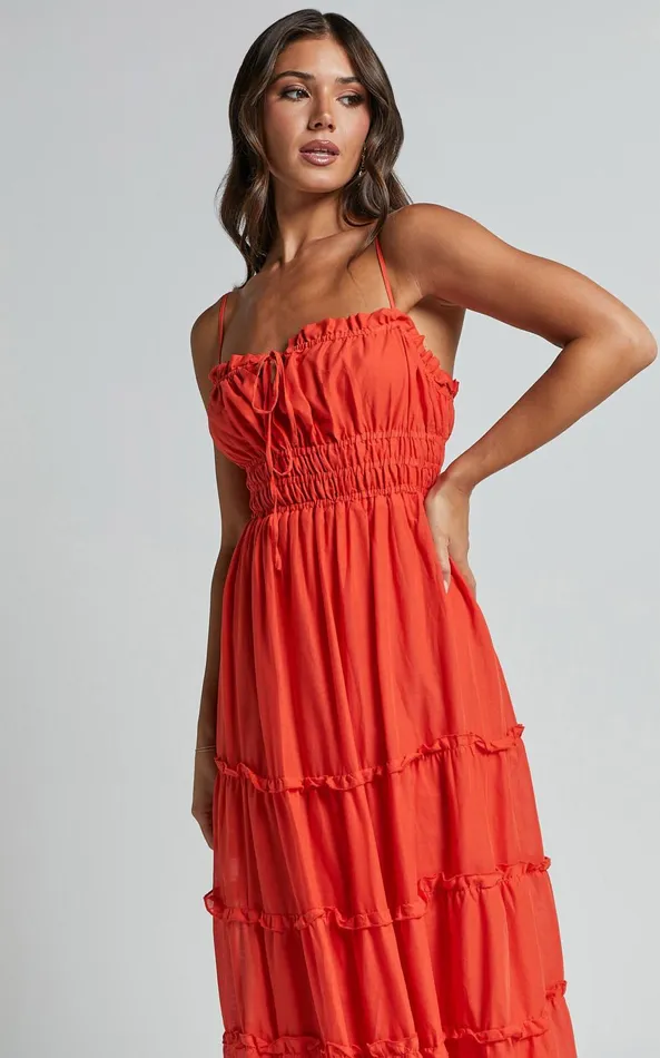 Showpo Schiffer Midi Dress 8211 Strappy Ruched Tie Front Tiered Dress In Red Orange Women Dresses