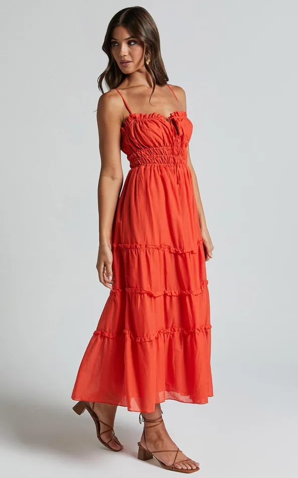 Showpo Schiffer Midi Dress 8211 Strappy Ruched Tie Front Tiered Dress In Red Orange Women Dresses