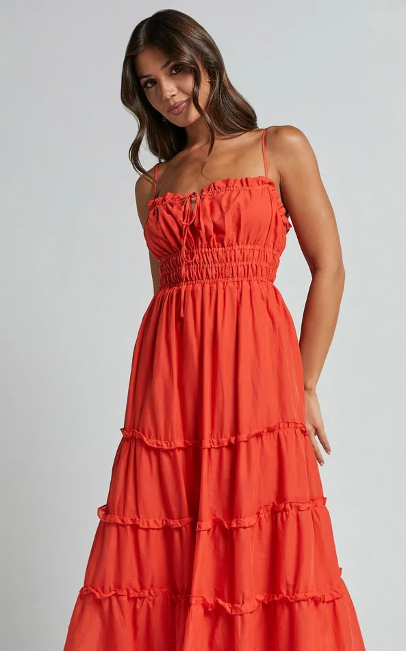 Showpo Schiffer Midi Dress 8211 Strappy Ruched Tie Front Tiered Dress In Red Orange Women Dresses