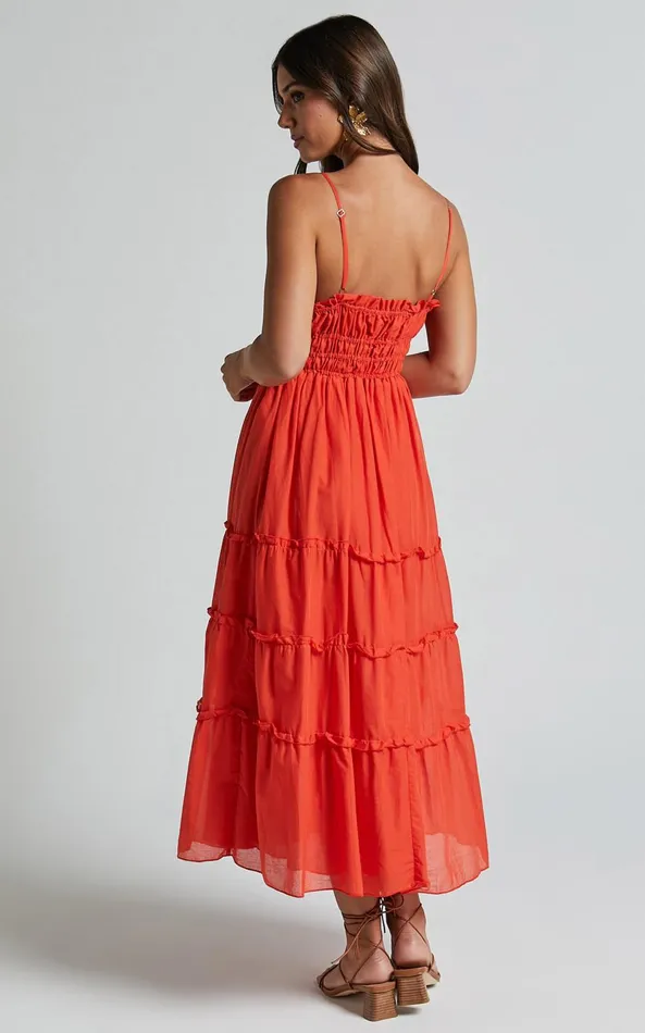 Showpo Schiffer Midi Dress 8211 Strappy Ruched Tie Front Tiered Dress In Red Orange Women Dresses