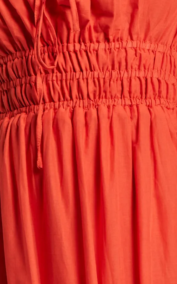 Showpo Schiffer Midi Dress 8211 Strappy Ruched Tie Front Tiered Dress In Red Orange Women Dresses