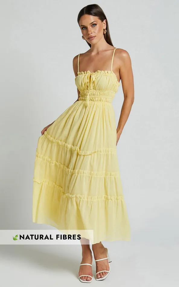 Showpo Schiffer Midi Dress 8211 Strappy Ruched Tie Front Tiered Dress In Yellow Women Dresses Showpo Schiffer Midi Dress 8211 Strappy Ruched Tie Front Tiered Dress In Yellow Women Dresses