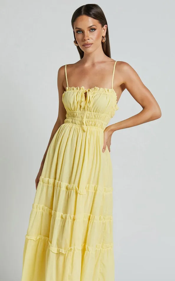 Showpo Schiffer Midi Dress 8211 Strappy Ruched Tie Front Tiered Dress In Yellow Women Dresses