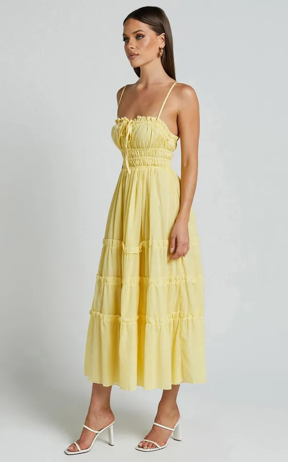 Showpo Schiffer Midi Dress 8211 Strappy Ruched Tie Front Tiered Dress In Yellow Women Dresses