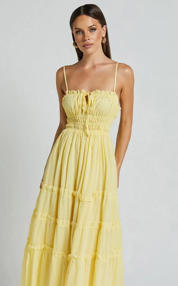 Showpo Schiffer Midi Dress 8211 Strappy Ruched Tie Front Tiered Dress In Yellow Women Dresses