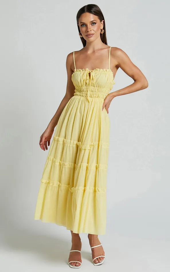 Showpo Schiffer Midi Dress 8211 Strappy Ruched Tie Front Tiered Dress In Yellow Women Dresses