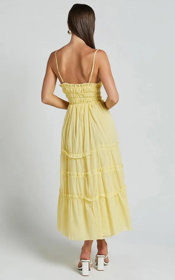 Showpo Schiffer Midi Dress 8211 Strappy Ruched Tie Front Tiered Dress In Yellow Women Dresses