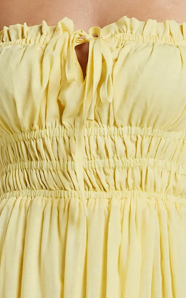 Showpo Schiffer Midi Dress 8211 Strappy Ruched Tie Front Tiered Dress In Yellow Women Dresses