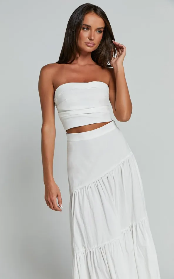 Showpo Schiffer Two Piece Set 8211 Strapless Top And Tiered Midi Skirt In White Women Dresses