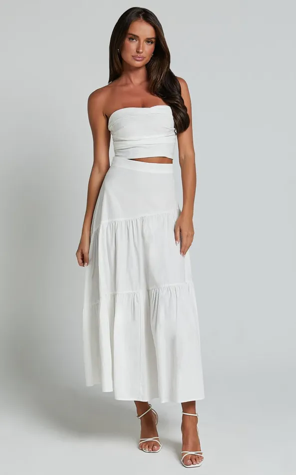 Showpo Schiffer Two Piece Set 8211 Strapless Top And Tiered Midi Skirt In White Women Dresses