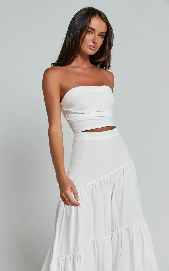 Showpo Schiffer Two Piece Set 8211 Strapless Top And Tiered Midi Skirt In White Women Dresses